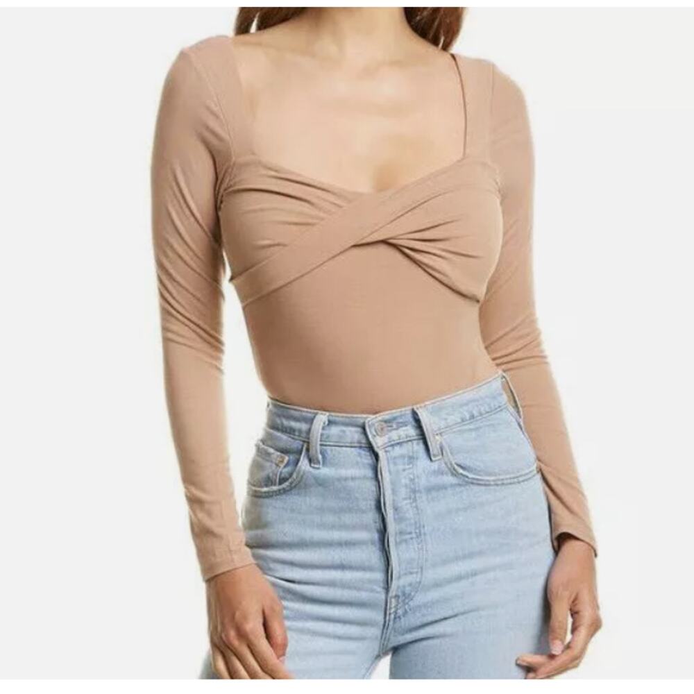 Astr Twist Front Bodysuit Taupe Long Sleeve Size XS layering Winter NEW Busty